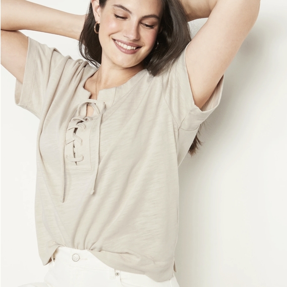 Old Navy Loose Slub-Knit Lace-Up Top Beige - Picture 2 of 8